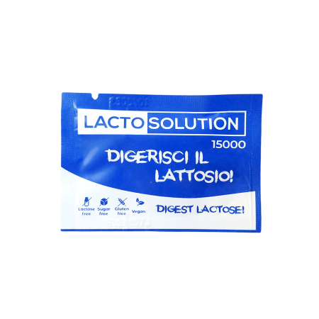Bustina monodose di Lactosolution 15000 FCC, integratore di lattasi per intolleranti al lattosio