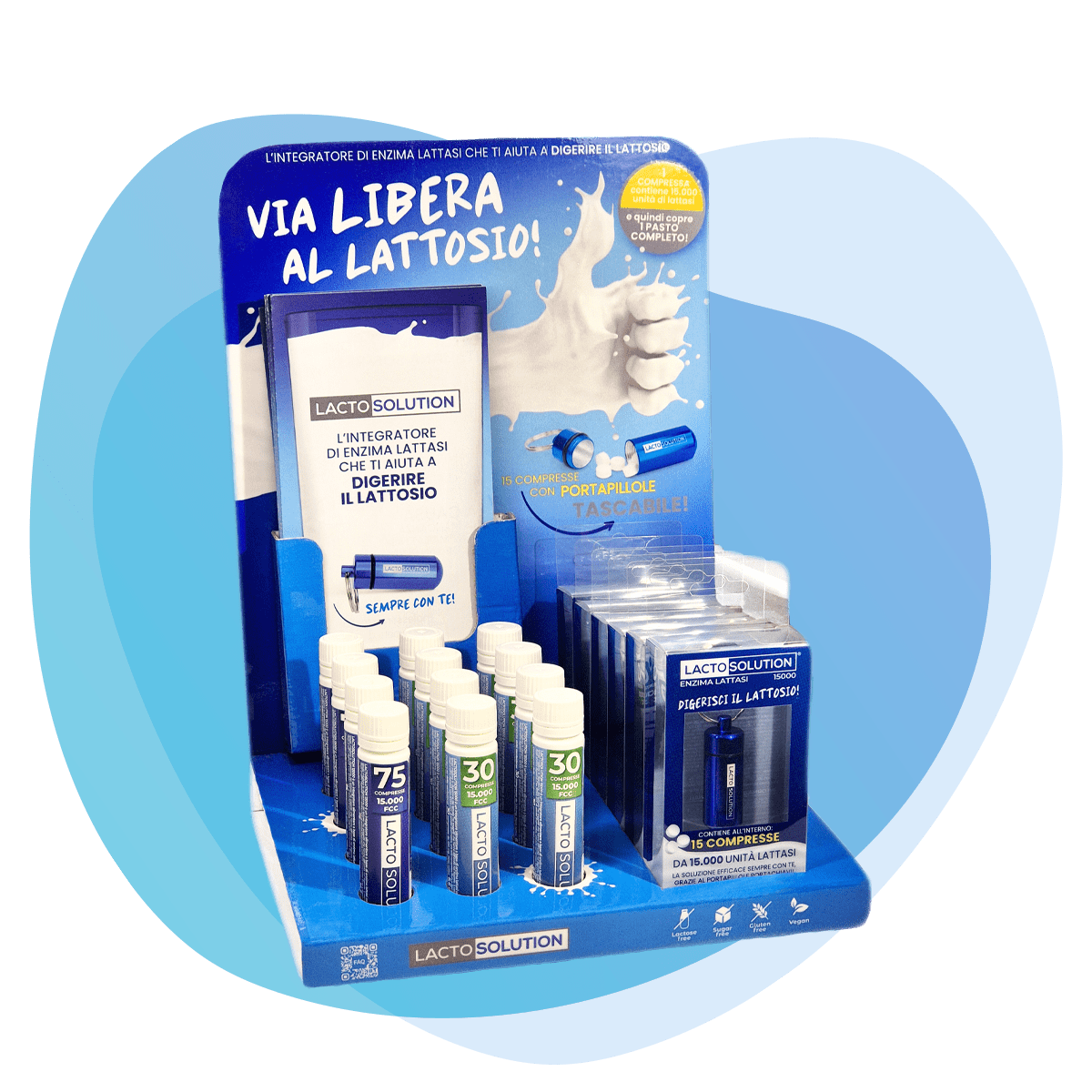 espositore Lactosolution, integratore lattasi, con ricariche da 75 e 30 compresse e portapillole