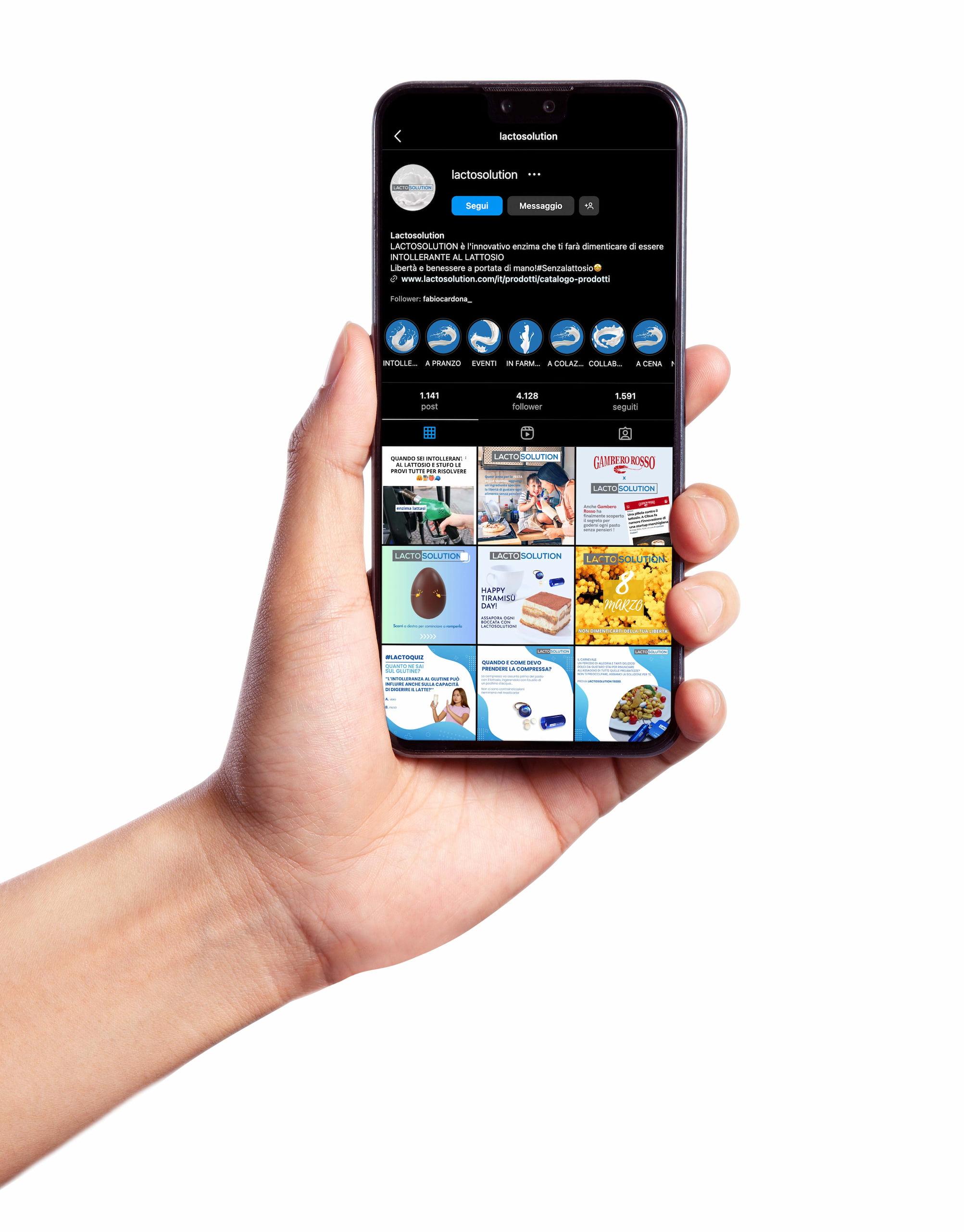 Smartphone mit dem Lactosolution-Instagram-Kanal-Bildschirm